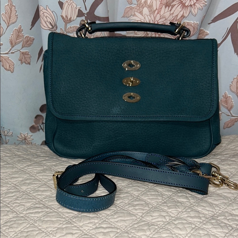 Mulberry Bryn in Petrol Blue velvet printed grain aniline leather